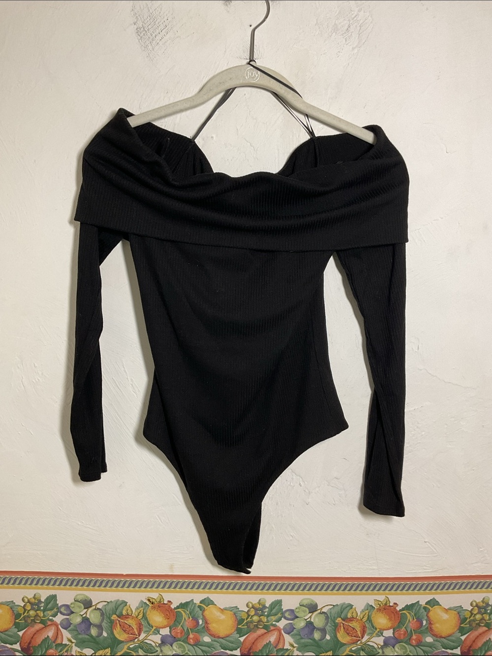 AFRM Black Off The Shoulder Ribbed Long Sleeve Thong Bodysuit Size S
